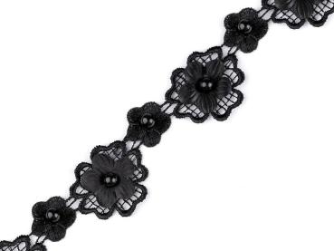 Spitzenborte mit Blüten und Perlen Breite 30mm Schwarz